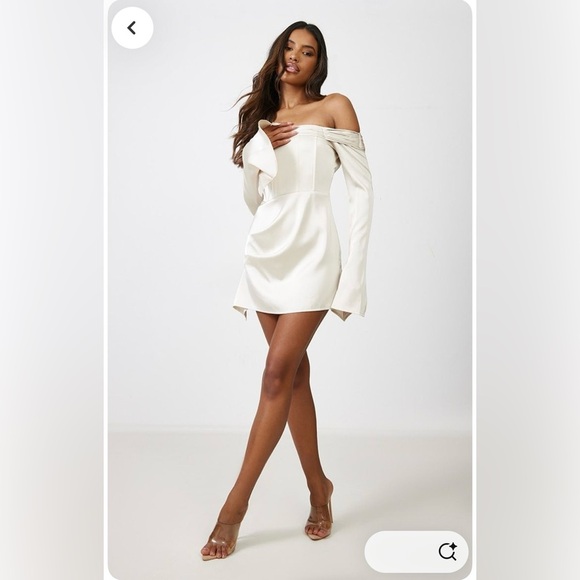 PLT| Womens Champagne Satin Pleat Detail Bardot Flared Sleeve Shift Dress NWT 4 - Picture 4 of 7